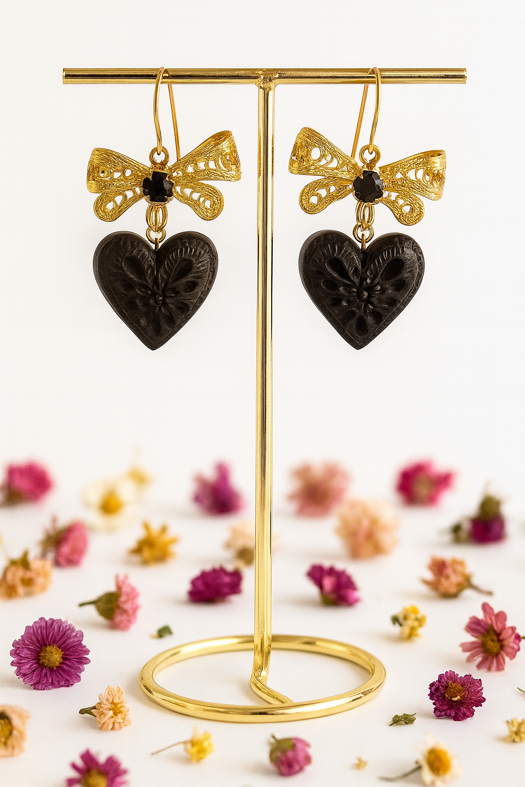 Black Clay Heart earrings with Bow